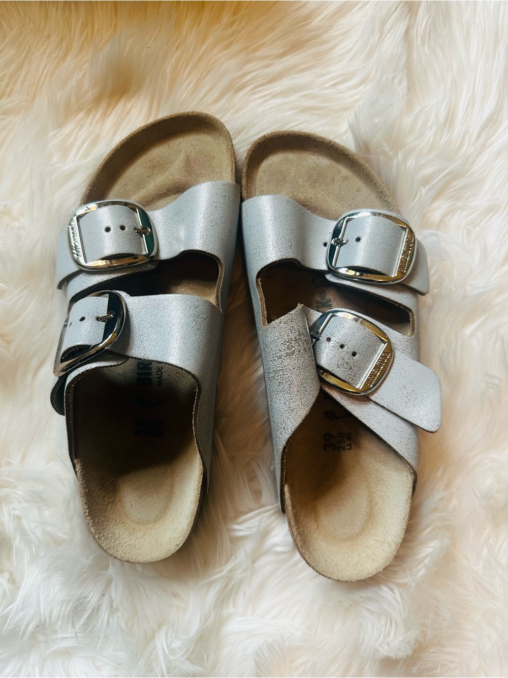 Birkenstock Metallic Silver Two-Buckle Cork Footbed Sandals
